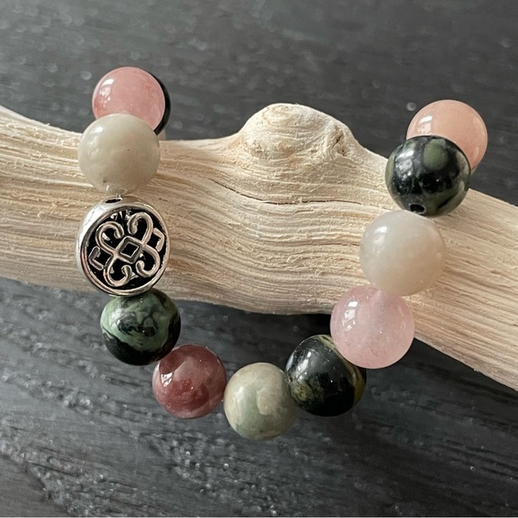 Natural Stone 8mm Boho Bead Bracelet 7 Inches - Tourmaline Jasper Agate - Picture 4 of 10